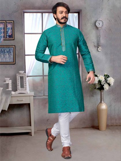 Rama Green Colour Jacquard,Silk Men's Kurta Pajama.