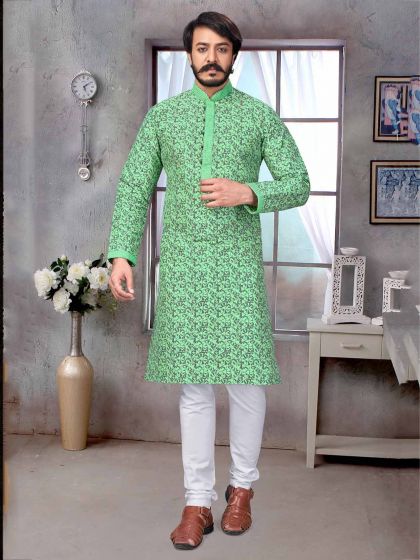 Printed Kurta Pajama Green Colour With Jacquard,Silk Fabric.