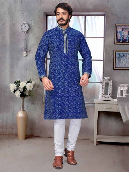 Royal Blue Colour Jacquard,Silk Fabric Printed Kurta Pajama.