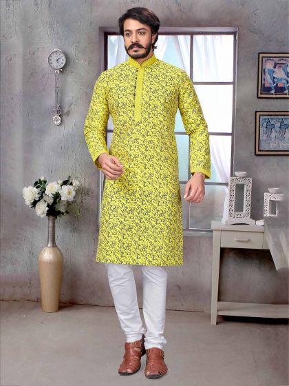 Jacquard,Silk Fabric Men's Kurta Pajama Yellow Colour.