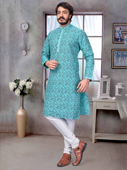 Turquoise Colour Jacquard,Silk Men's Kurta Pajama.