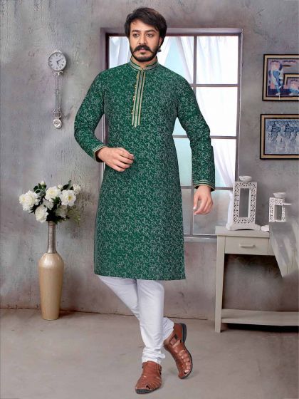 Green Colour Jacquard,Silk Fabric Men's Kurta Pajama.