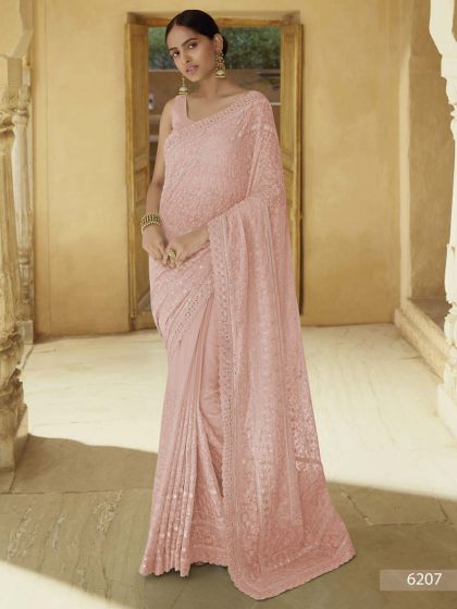 Indian Designer Saree Peach Colour in Georgette Fabric.