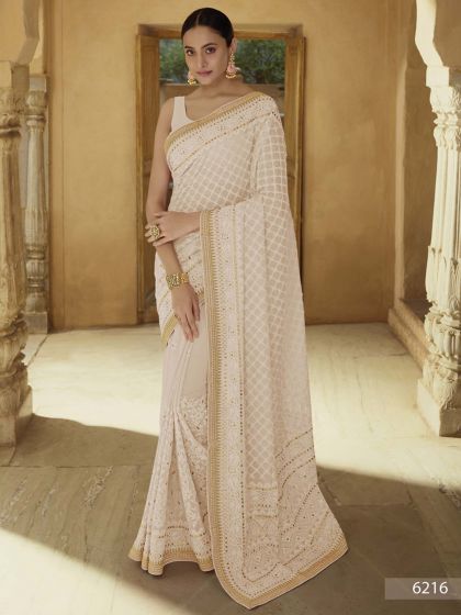 Beige Colour Indian Designer Saree in Georgette Fabric.