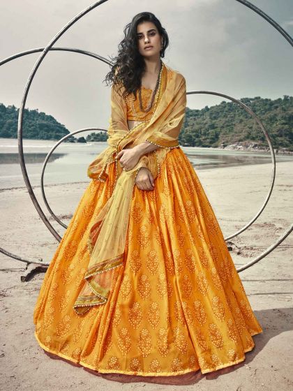 Yellow Colour Organza Fabric Designer Lehenga Choli.