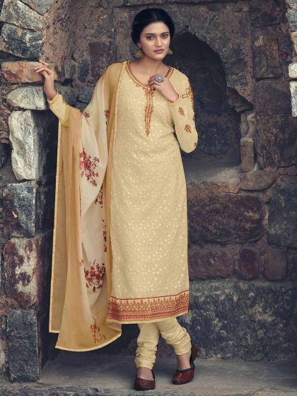 Cream Colour Georgette Fabric Salwar Kameez.