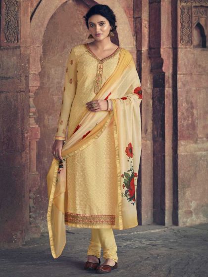 Georgette Fabric Cream Colour Designer Salwar Suit.