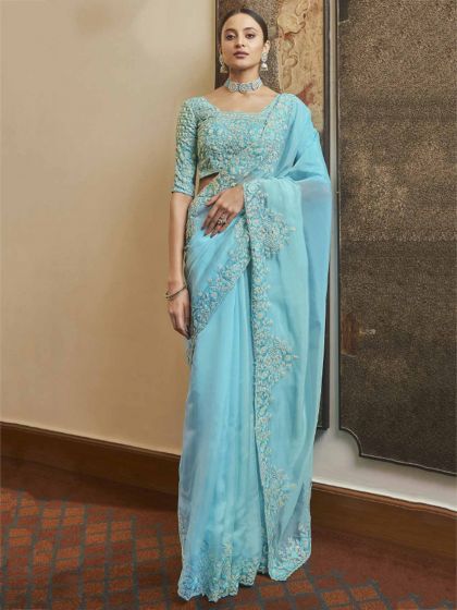 Blue Colour Organza Fabric Designer Saree.