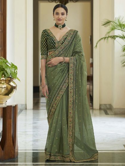 Organza Fabric Indian Designer Saree Green Colour.