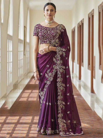 Purple Colour Crepe Fabric Party Wear Saree.