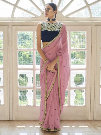 Peach Colour Georgette Fabric Designer Saree.