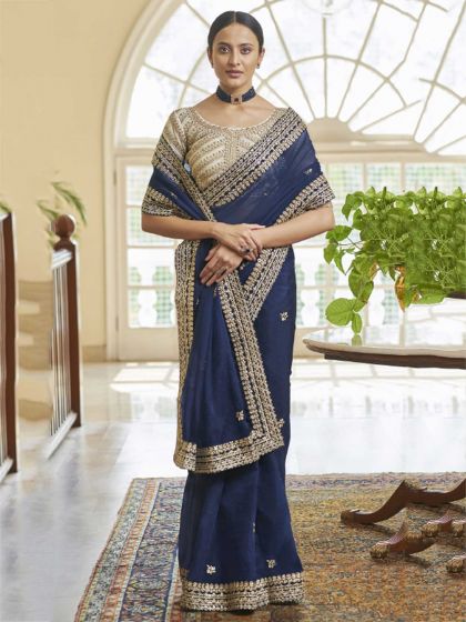 Blue Colour Organza Fabric Women Saree With Zari,Sequin Work.