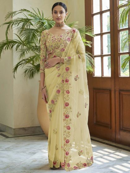 Organza Fabric Designer Saree Yellow Colour.