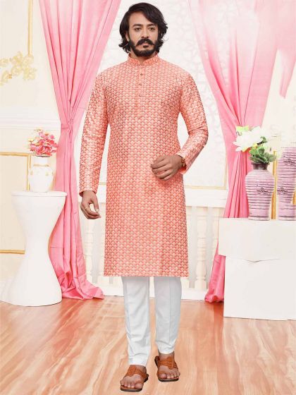 Peach Colour Silk Fabric Lucknowi Kurta Pajama.