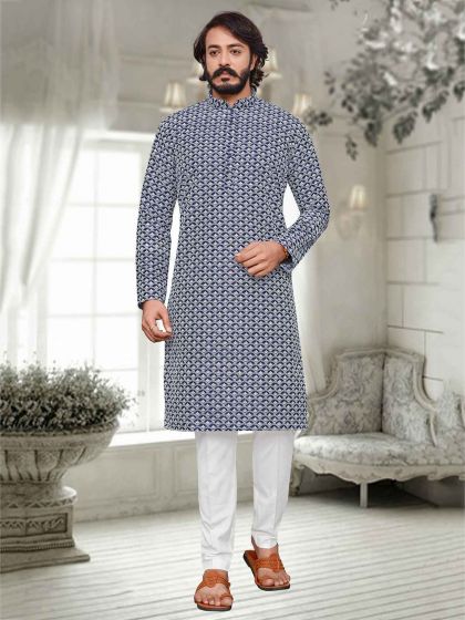 Silk Fabric Lucknowi Kurta Pajama Blue Colour.