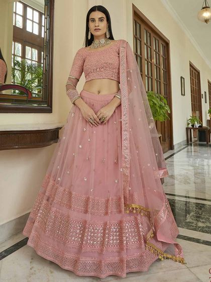 Peach Colour Net Fabric Lehenga Choli With Lace,Resham,Sequin Work.