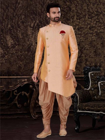 Peach Colour Jacquard,Silk Fabric Men's Indowestern.