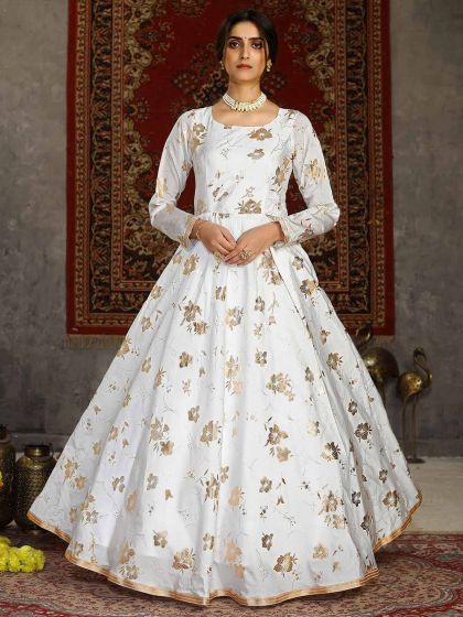 White Colour Taffeta Silk Readymade Gown.