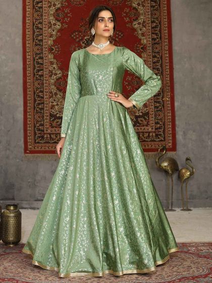 Green Colour Silk Designer Gown.