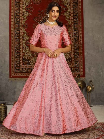 Pink Colour Silk Fabric Readymade Gown.