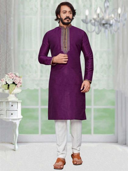 Purple Colour Art Silk Party Wear Kurta Pajama.