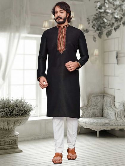 Art Silk Party Wear Kurta Pajama Black Colour.