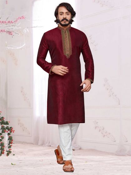 Maroon Colour Art Silk Fabric Men's Kurta Pajama.