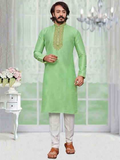 Green Colour Art Silk Fabric Traditional Kurta Pajama.