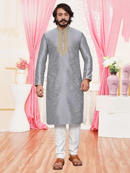 Grey Colour Art Silk Readymade Kurta Pajama.