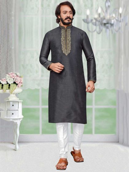 Dark Grey Colour Art Silk Kurta Pajama.