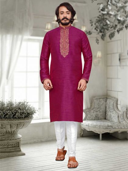 Magenta Colour Art Silk Fabric Kurta Pajama.