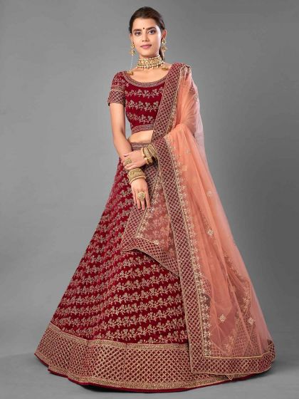 Maroon Colour Velvet Fabric Women Lehenga Choli.