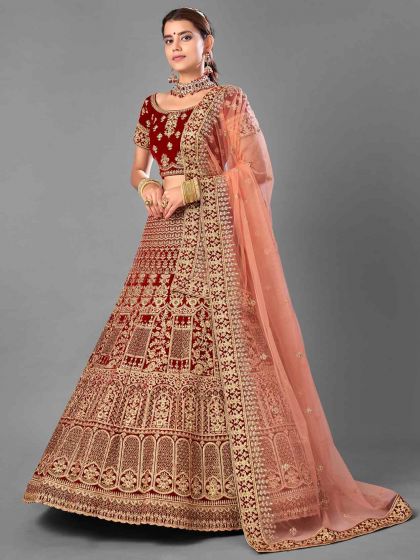 Velvet Designer Lehenga Choli Maroon Colour.