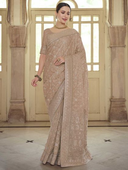 Brown Colour Satin,Georgette Fabric Women Saree.