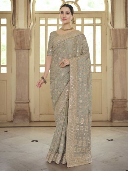 Green Colour Satin,Georgette Fabric Women Saree.