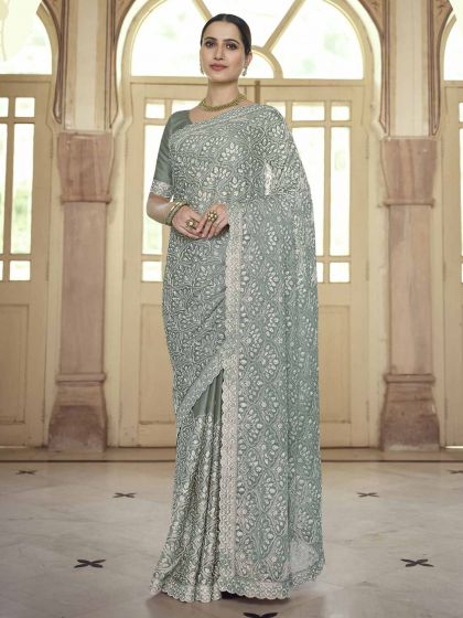 Mint Green Colour Chiffon Fabric Designer Saree.