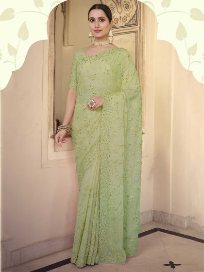 Green Colour Chiffon Fabric Women Saree.