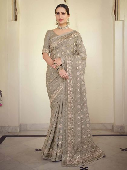 Grey Colour Satin,Georgette Fabric Women Saree.