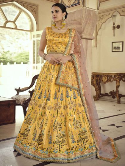 Mustard Yellow Colour Silk Indian Designer Lehenga Choli.