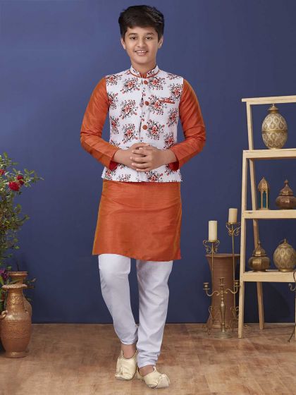 Orange Colour Dupion Silk Fabric Boy's Kurta Pajama Jacket.