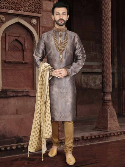 Grey Colour Jacquard Fabric Mens Kurta Pajama.