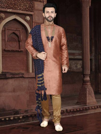 Dark Peach Colour Mens Kurta Pajama in Jacquard Fabric.