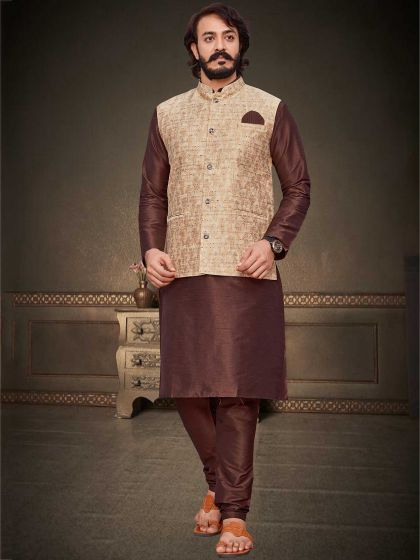 Brown,Cream Colour Kurta Pajama Jacket in Jacquard,Art Silk Fabric.