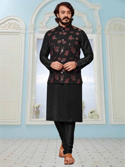 Black Colour Party Wear Kurta Pajama Jacket.