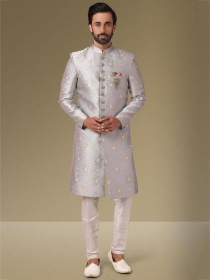 Grey Colour Jacquard,Brocade Silk Fabric Mens Indowestern.