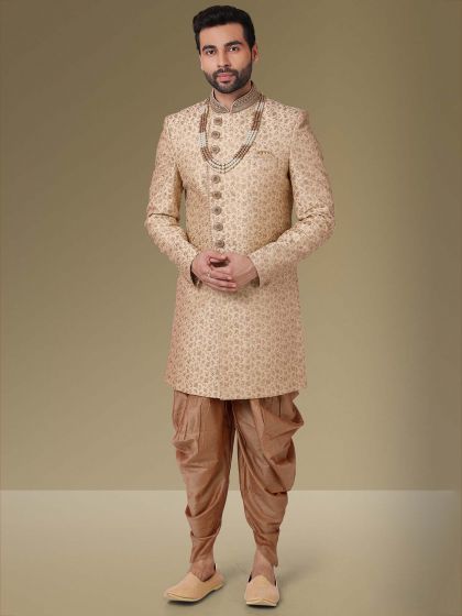 Beige Colour Banarasi Silk Fabric Designer Mens Sherwani.