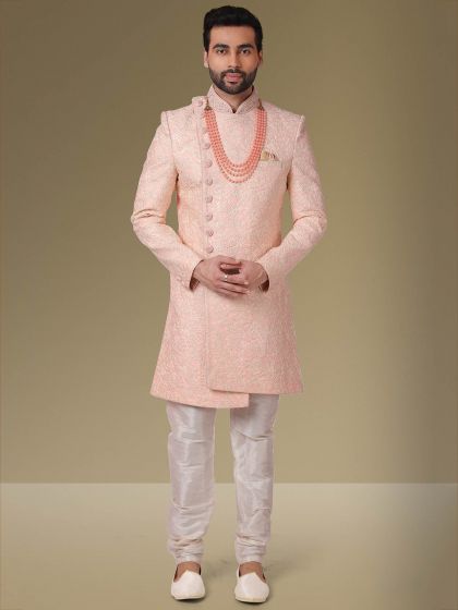 Pink Colour Groom Sherwani Art Banarasi Silk Fabric.