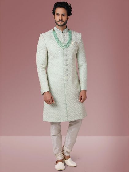 Pista Green Colour Lucknowi Fabric Designer Sherwani.