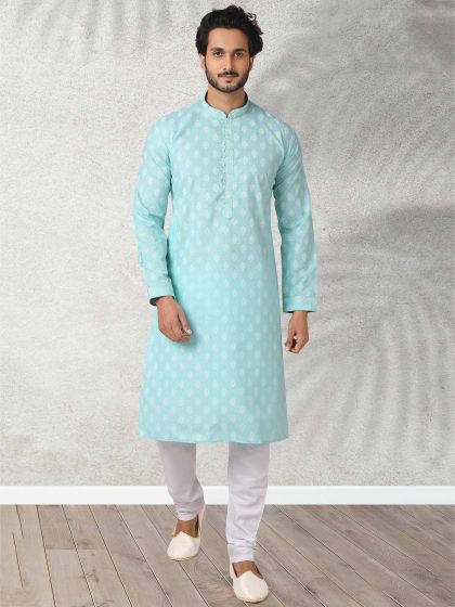 Sky Blue Colour Cotton Fabric Kurta Pajama.