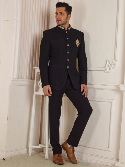 Black Colour Imported Fabric Mens Jodhpuri Suit.